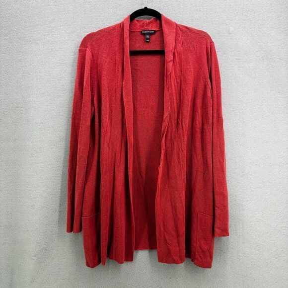 Eileen Fisher Womens Red Long Stretch Tencel Lyocell Cardigan Sweater Medium - Picture 1 of 7